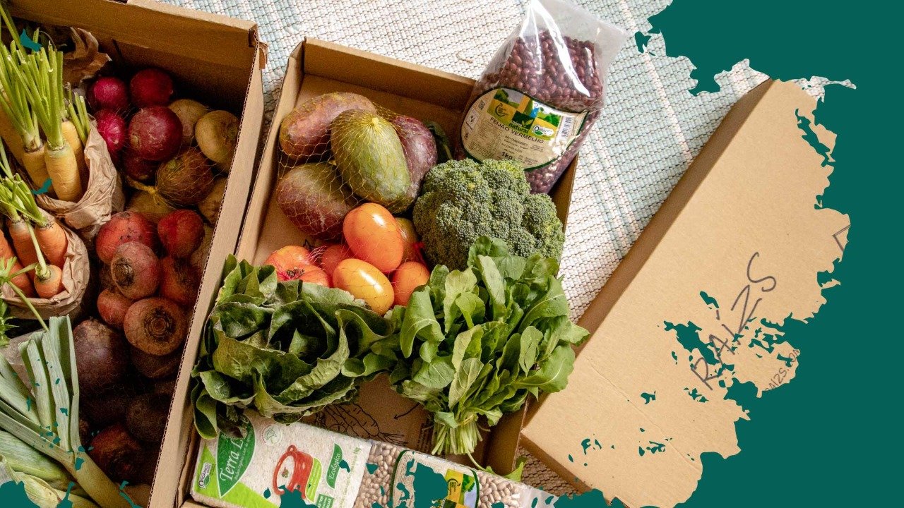Foto de uma cesta do Raízs montada para entrega com frutas, legumes e verduras.
