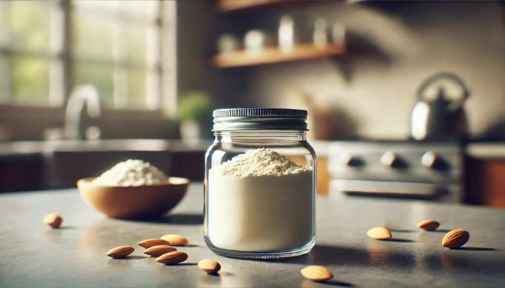 Imagem de uma cozinha com destaque para um pote de farinha de amendoas