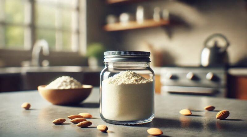 Imagem de uma cozinha com destaque para um pote de farinha de amendoas